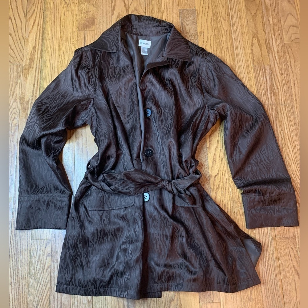 Chico’s 100% Silk Woodgrain Moire Belted Jacket Blazer Brown Size 3 (XL) - Picture 2 of 7